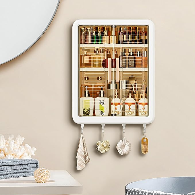 DASITON Wall Mounted Large Capacity Makeup Organizer,Dustproof Cosmetic Organizer,Bathroom Organizers and Storage,Skincare Organizers for Vanity,Bedroom(White 01)
