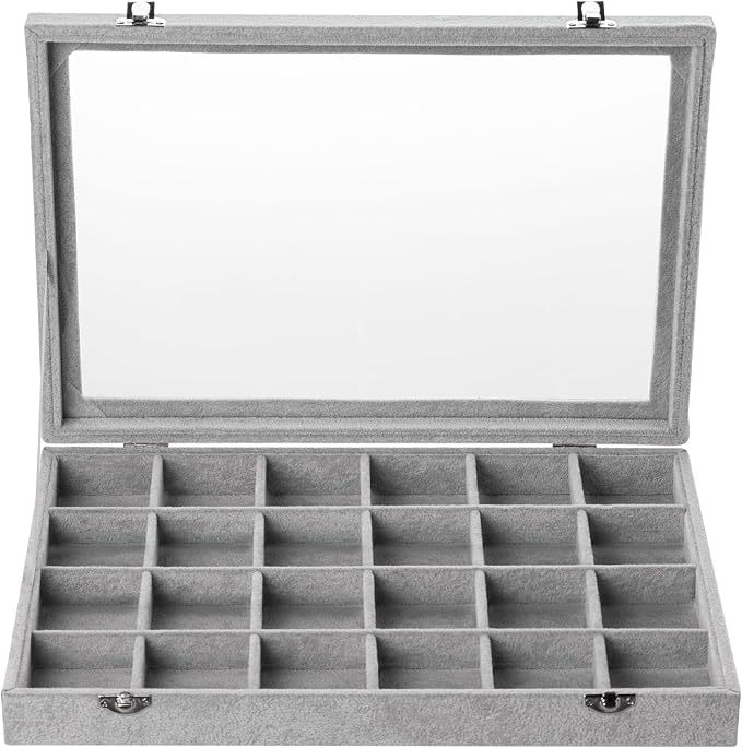 Frebeauty 24 Grid Earring Organizer,Velvet Jewelry Tray with Clear Lid | Drawer Jewelry Organizer for Rings Studs Brooch,Adjustable Divider,Dustproof Design,Earring Storage,Trinket Box,13.8×9.5Inch