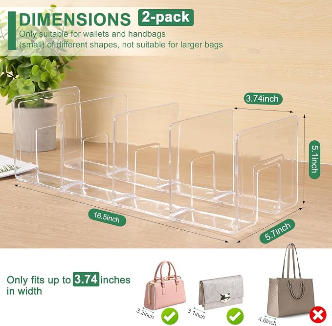 2 Pack Acrylic Purse Organizer for Closet, 8-Slot Bag & Purse Organizer, No Assembly, Clear Handbag Storage Shelf .for Shelf Divider Handbags, Clothes, Sweater