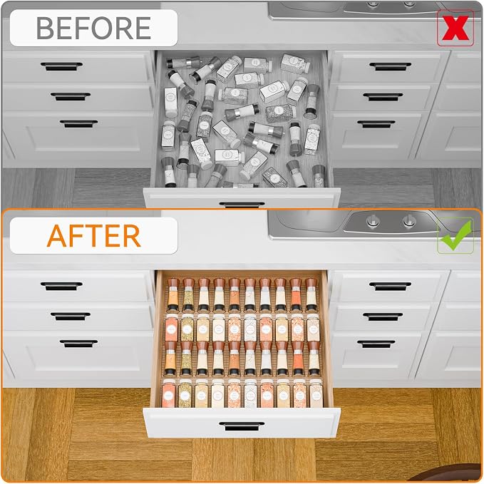 Yieach 4 Pack Adjustable In Drawer Spice Organizer - Expandable From 11" to 22" - Clear Acrylic Seasoning Organizer with Jars for Kitchen Drawer,Horizontal Tiered Kitchen Spice Organization & Tray