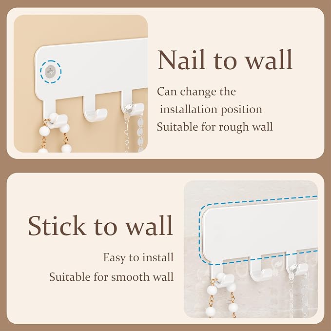 bussdis Drill-In Necklace Organizer: Sturdy Necklace Holder Wall Mounted with Hooks for Tangle-Free Jewelry Storage – Space-Saving Wall Necklace Hanger, White, 2 PCS