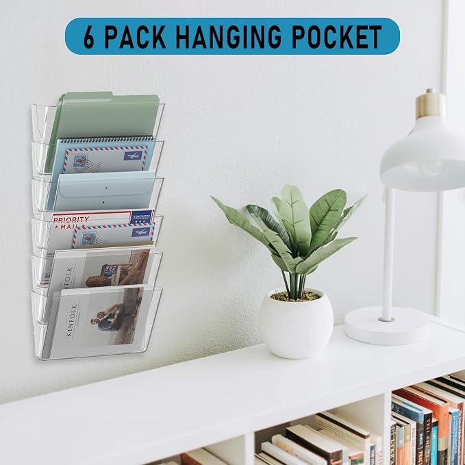 MINDEPOT 6 Pockets Acrylic Wall File Organizer, Clear Wall File Holder, Plastic Hanging Wall File Holder for Office, School and Home, Clear