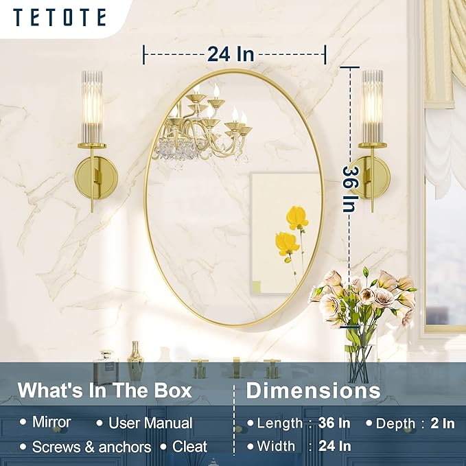 TETOTE Gold Oval Bathroom Mirror, 24 x 36 Brushed Brass Framed Wall Mounted Mirror for Vanity, Modern Decorative Shatterproof Oval Wall Mirrors for Entryway, Living Room, Bedroom