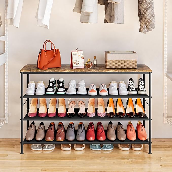 INGIORDAR 4 Tier Long Metal Shoe Rack Storage Organizer for Closet Entryway | Spacious design Shoe Shelf stores 24 Pairs of Shoes for Closet Entryway Bedroom Living Room Garage Black+Rustic Brown
