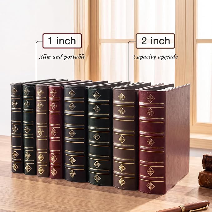 Ospelelf Vintage 3 Ring Binder 1 Inch, Leather Hardback D Ring Binder with Pockets and 5 Tab Dividers, Book Style Document Organizer Fits Letter Size for Home and Office Brown