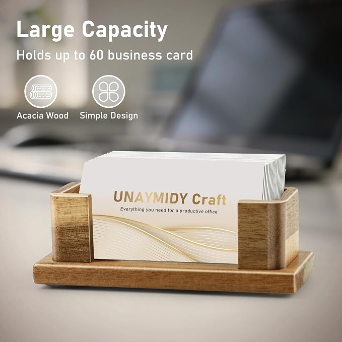 Business Card Holder for Desk, Acacia Wood Desktop Name Card Display Stand & Office Desk Accessories for Office Home Tabletop Exhibition