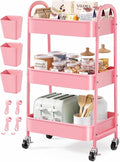 3 Tier Rolling Storage Cart Metal with Wheels, Pink Three Tiered Craft Cart Organizer on Wheels, Utility Carts for Baby Nursery, Diaper Caddy, Art, Book, Snack, Nail, Makeup, Bathroom Supplies, Mesh