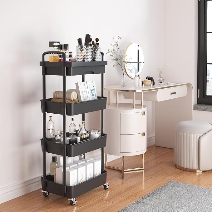 Calmootey 4-Tier Rolling Utility Cart with Drawer,Multifunctional Storage Organizer with Plastic Shelf & Metal Wheel,Storage Cart for Kitchen,Bathroom,Living Room,Office,Black | Space-Saving Organizer, Sturdy Plastic Shelves, Smooth-Rolling Metal Wheel...