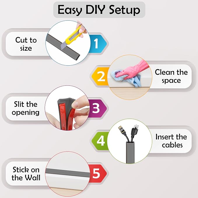 TV Cord Hider – Flexible Wall Cord Cover Slim Design Silicone Cable Raceway - Self Adhesive, Cut to Size Design for Hiding Wires on Wall - Clean Home Setup Cable Concealment (Grey, 10 Feet)
