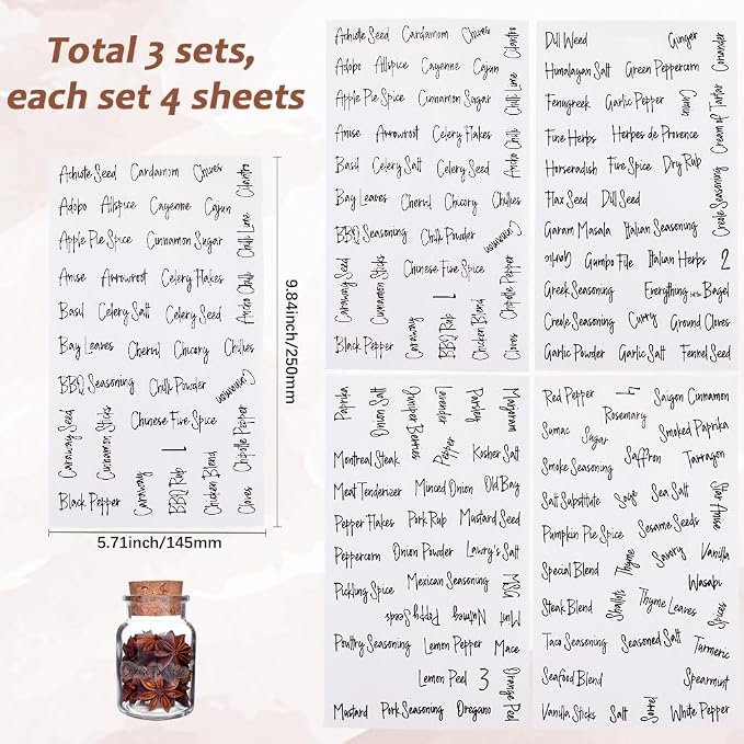 2196Pcs Seasoning Stickers Labels White Spice Name Labels Preprinted Black Cursive Font Words PVC Adhesive Waterproof Tags Decals for Kitchen Food Box Bottles Seasoning Containers