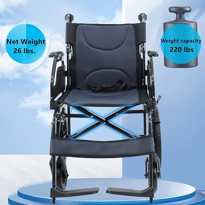 Lightweight Wheelchair Aluminum Alloy with Handbrakes, Silla de Ruedas for Adults, Durable Square Tube and Flip Up Armrest