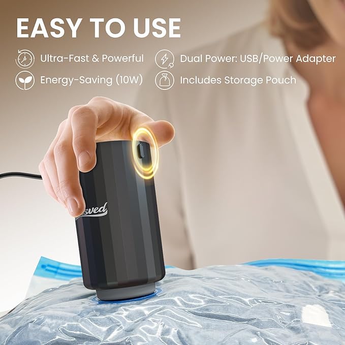 16 Vacuum Bags for Travel with High Pressure (-60KPa, 8.5L/min) Electric Pump - Vacuum Seal Packing Bags for Clothing Travel, Space Saver Suction Storage Bags for Luggage and Carry-On Suitcase