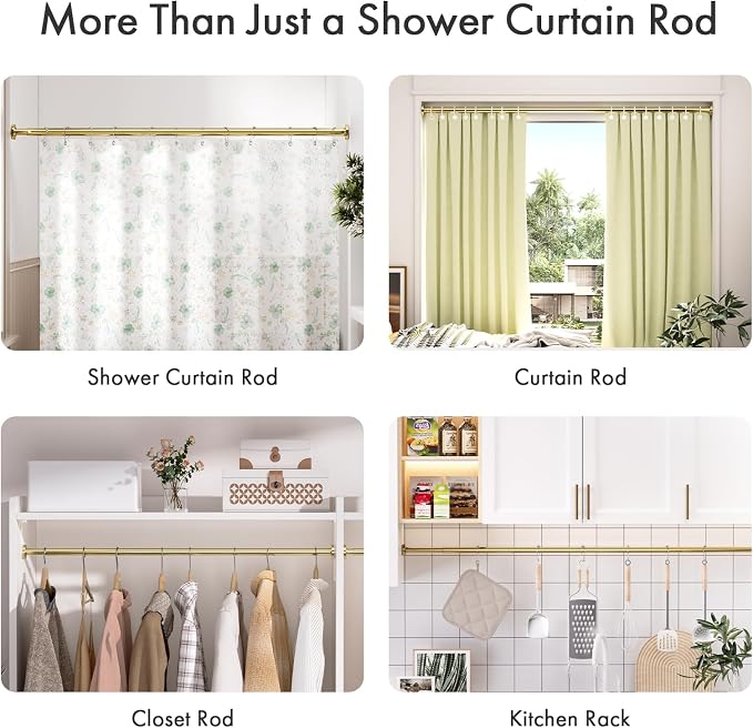 AmazerBath Spring Tension Shower Curtain Rod, 31-75 Inches Heavy Duty Tension Rod Rust Proof Bathroom Curtain Rod, Adjustable No Drill Easy Segmented Installation, Gold