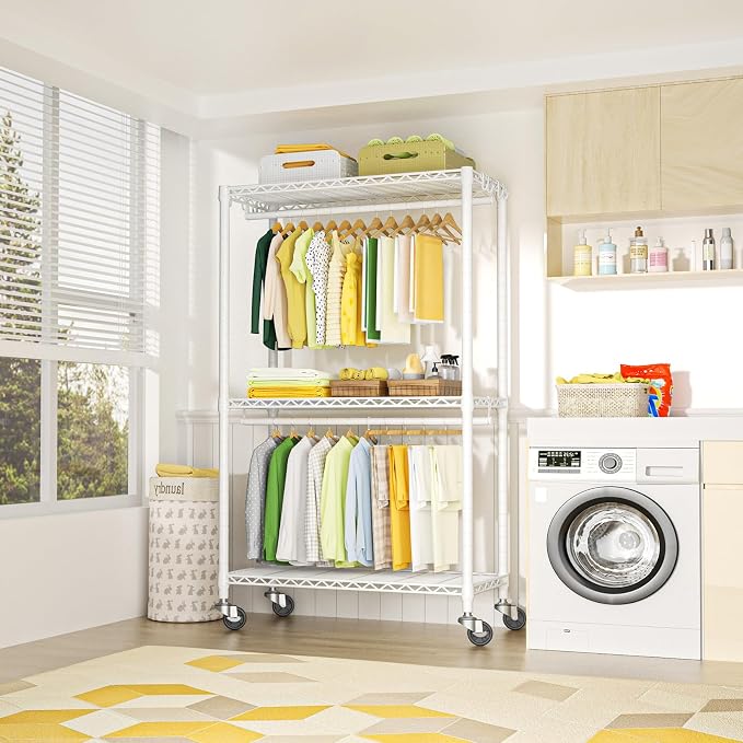 FUTASSI P3 Rolling Clothes Rack, Clothing Racks for Hanging Clothes, Heavy Duty Garment Rack with Wheels, Freestanding Portable Closet Racks 39.4'' W x 14'' D x 78.5'' H, Max Load 470 LBS, White