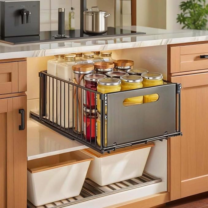 Sliding Pull-Out Cabinet Organizer 9.6"x14.8"x7.5" Black Heavy Duty Carbon Steel Drawer with Adhesive Rails, No Drill Storage Solution for Pantry/Closet