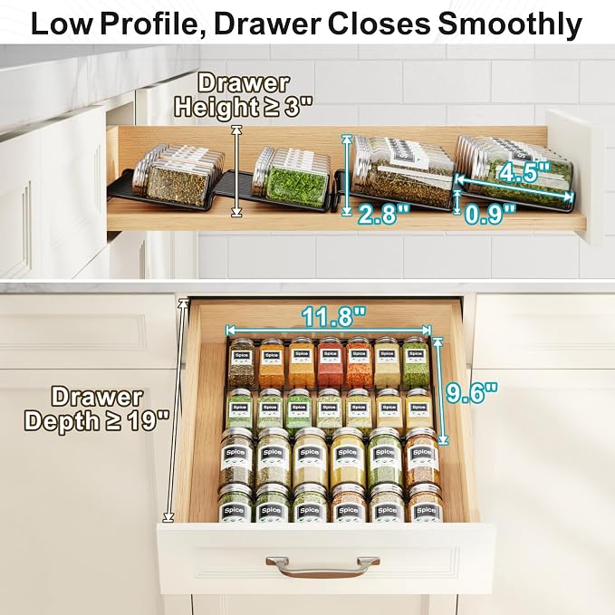 iSPECLE 2 Pack Spice Drawer Organizer Insert - Low Profile Rack for Jars | Step Tiered for Label Reading Access, No Slip No Rattle Oil-Resistant Carbon Steel, Spice Sorting and Daily Cooking Use