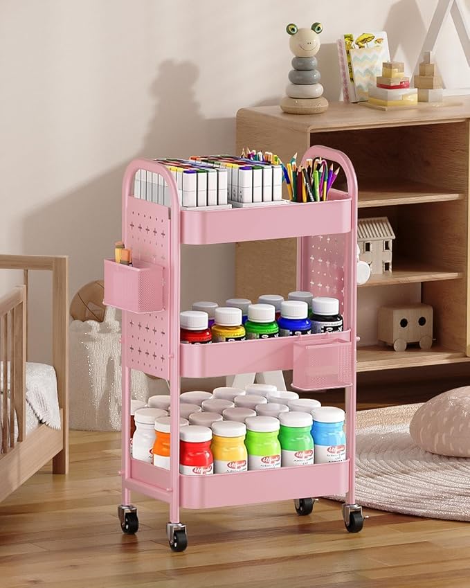 ALVOROG 3 Tier Metal Rolling Utility Cart with Pegboards,Baskets,Hooks,Pink | More Storage Craft Cart with Pegboards,Lockable Wheels,Hooks & Baskets to Organize Kitchen,Office,Bedroom and DIY Supplies