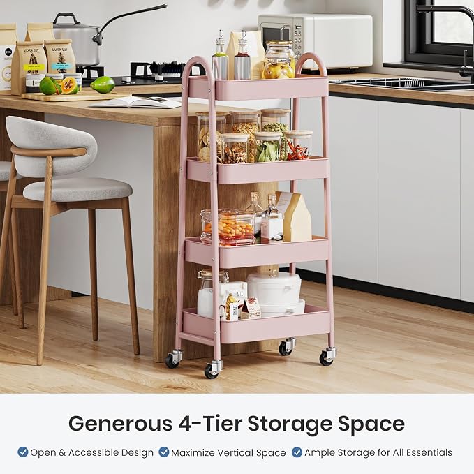 DUMOS 4 Tiers Rolling Utility Cart, Storage Organizer, Shelving Unit | Metal, Lockable Wheels, Mobile, Kitchen, Bathroom, Laundry, Narrow Places, Pink