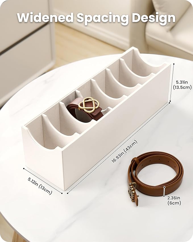 Lolalet Belt Organizer for Closet, Belt Box & Storage Drawer -Cream | PU Leather Belt Holder with 7 Extra-Wide Compartments, Soft Lining, Fits Entryway Cabinet, for Women, 1 Pack