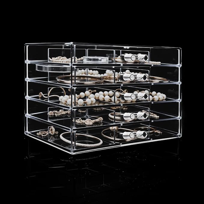 Clear Acrylic Jewelry Storage Box, Earring Jewelry Organizer with 5 Drawers, 5-Layer Jewelry Box for Women, Earrings Display Holder for Ring Bracelet Necklace, 30 Grids Compartment Storage Box