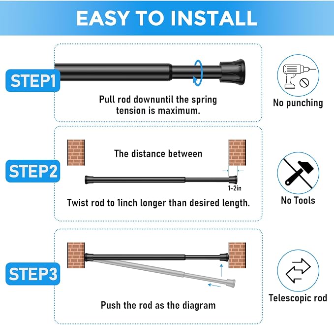 6 Pack Spring Tension Curtain Rod 8 to 12.5 Inch, DIY Mini Tension Rods No Drill for Slim Window Cupboard Closet Sidelights, Black