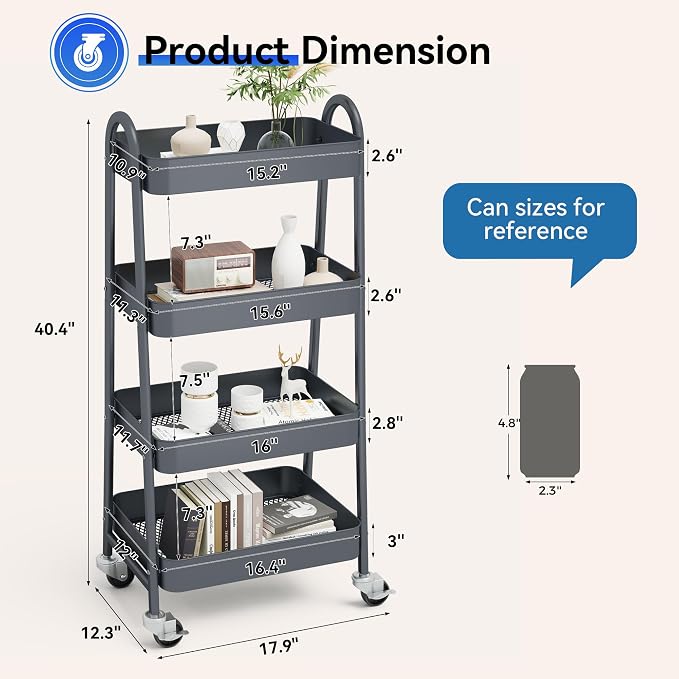 NEWBULIG 4-Tier Metal Rolling Storage Cart, Heavy Duty Mobile Utility Organizer Shelf with Lockable Wheels, Multifunctional Trolley for Daily Supplies, Home Indoor Daily Use, Grey