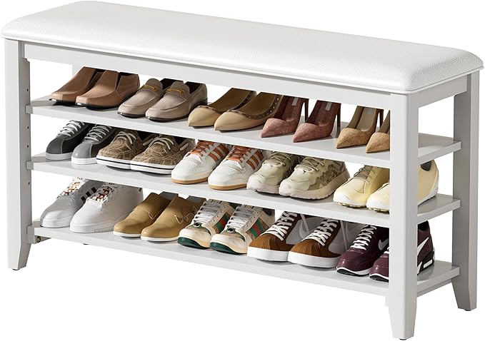 Taitiy Shoe Rack Bench Entryway Storage, Shoe Organizer Bench for Entryway, Ideal for Front Doors Entrances Hallway Mudroom Featuring Rubberwood and 3 Height-Adjustable Removable Shelve