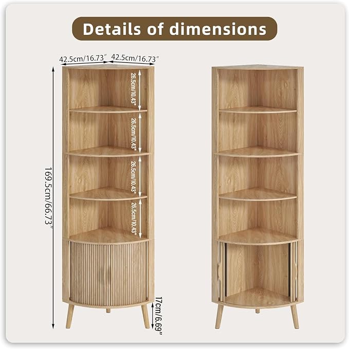 5-Tier Corner Shelf, 66.73''Tall Modern Corner Bookshelf, 5 Shelf Bookcase with 2 Fluted Doors, Freestanding Wood Corner Display Storage Shelf Organizer for Living Room, Office (Wood Color)