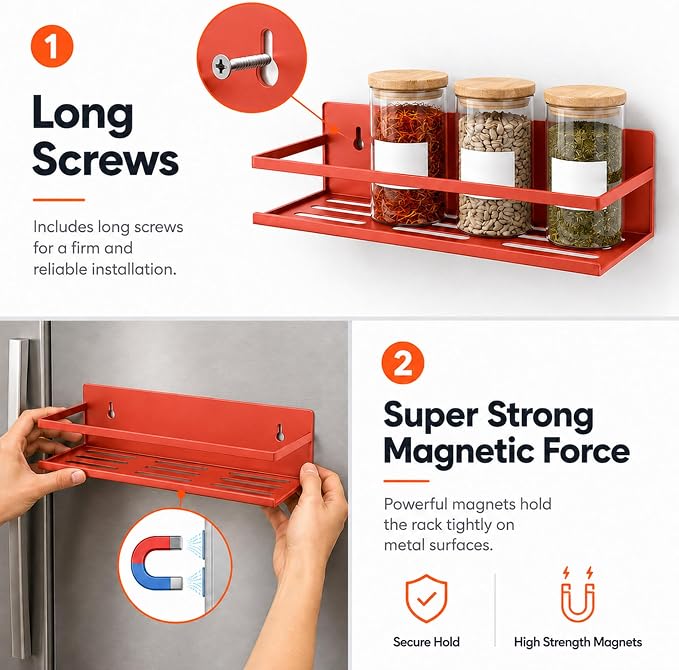 SMRCAD 4 Pack Metal Magnetic Spice Rack for Fridge – Heavy-Duty | Iron Construction, Rust-Resistant, Dust-Resistant, Fits Condiment Bottles, Includes Screws for Optional Wall Mount