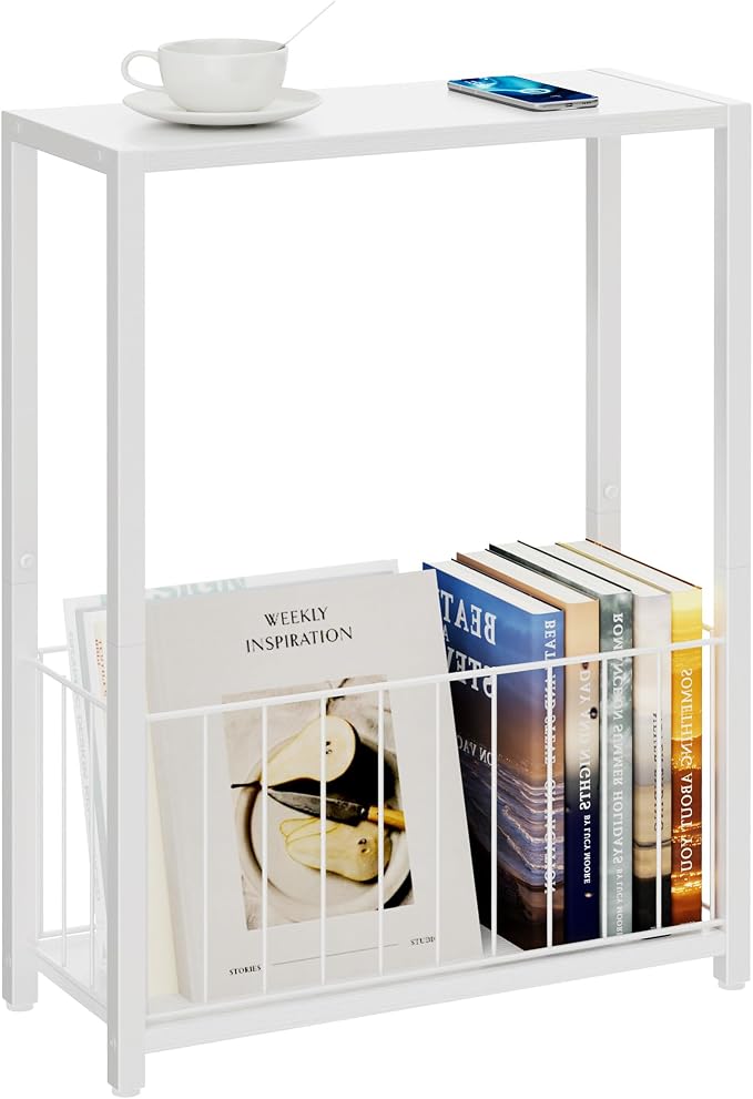 Homleke Narrow Side Tables Set of 2 with Magazine Holder, Skinny End Tables | Space-Saving Design, Small Spaces, Storage Shelf, Metal Frame, Easy Assembly, 7.1" D x 16.9" W x 23.6" H, White