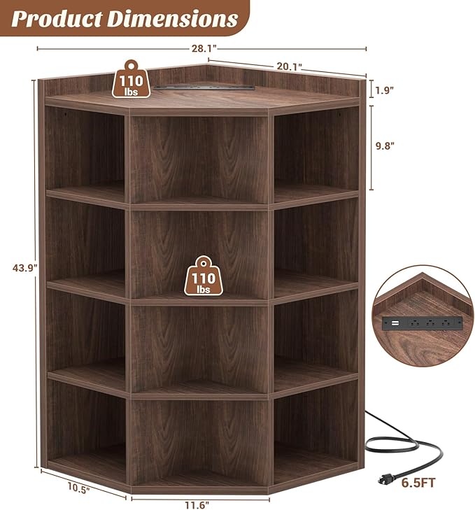 Aheaplus Corner Cabinet, 5-Tier Corner Bookshelf with Power Outlets, Corner Cube Storage Shelf with Top Table, Wooden L Shaped Cubby Toy Storage for Home Office, Bedroom, Living Room, Black Walnut