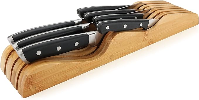 ROYALHOUSE Bamboo Knife Block Holder, In-Drawer Knife Drawer Organizer,Knife Block without Knives, Fit for 7 Knives, Perfect for Home and Chefs, Gift for Any Occasion and Housewarming