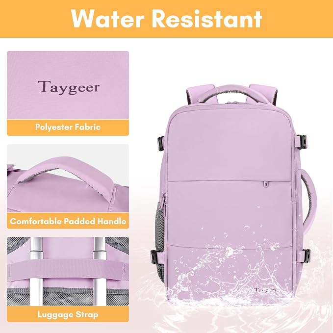 Taygeer Large Backpack for Women Travel Bag, Carryon Bag for Airplane | Luggage Backpack for College with 15.6inch Laptop Compartment & Shoe Pouch, Travel Essentials for Business, Orchid Purple
