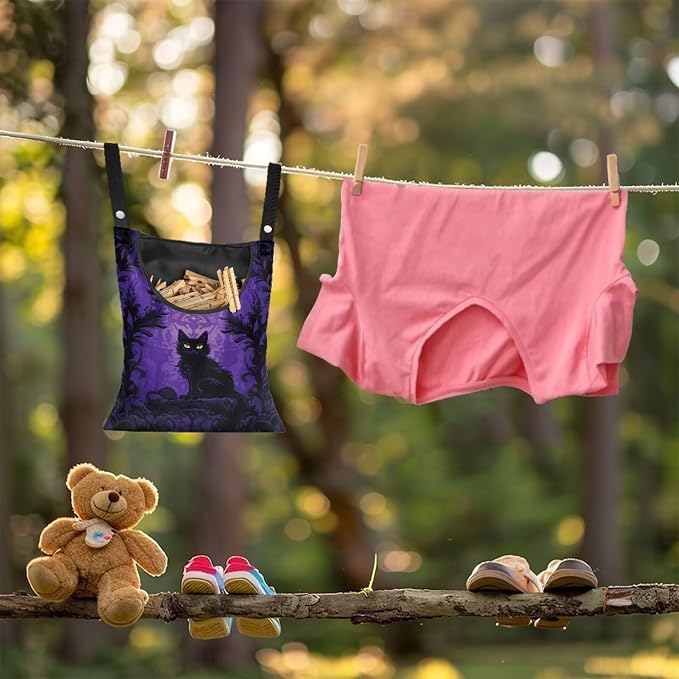Black Cat Laundry Clothespin Bags Hollween Hanging Storage Organizer 12 x 14.5 Inch Clothes Pin Bag Waterproof Clothespin Bag Clothespins Holder Large Opening and Hanging Rope