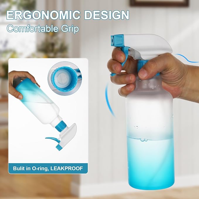 16.9oz/500ml Plastic Spray Bottles 2 Pack, Adjustable Mist Stream | Heavy Duty refillable spray containers for plant care, hair mist and household cleaning