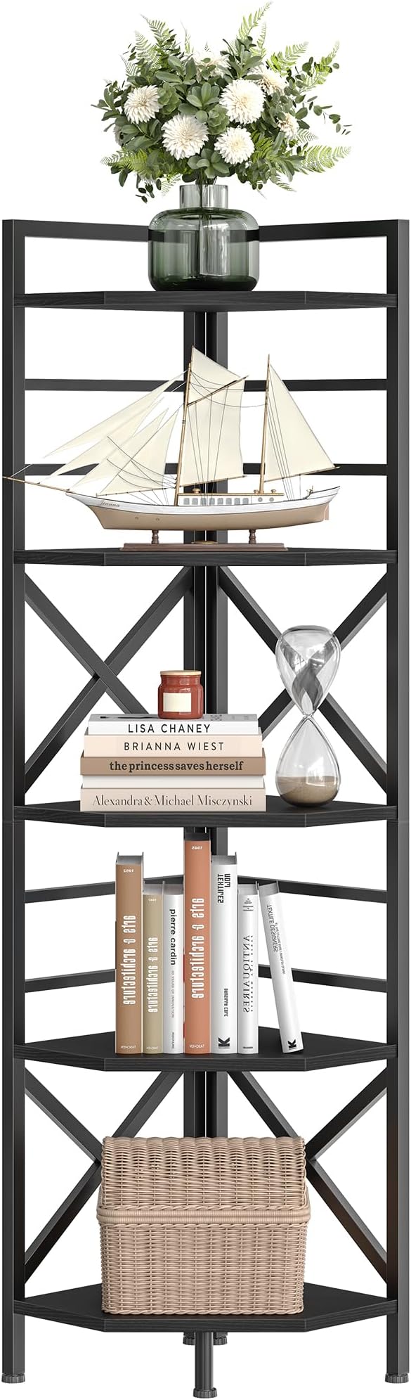 CHOEZON 69.3" Corner Shelf 5-Tier, Large Corner Shelving Unit, Freestanding Storage Stand for Bedroom, Living Room, Kitchen, Industrial Engineered Wood Bookshelf Organizer, Black TCJ15BB