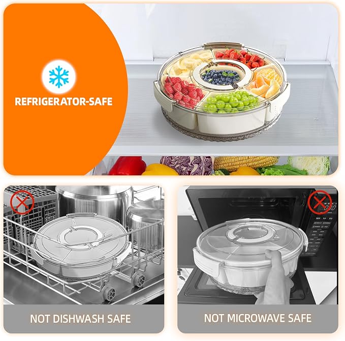 Divided Serving Tray with Lid and Handle, Stackable Snackle Box Container for Fruits Candy Organizer, Portable Spinning Rounded Veggie Tray for Kitchen, Party, Trave and Picnic-1 PACK