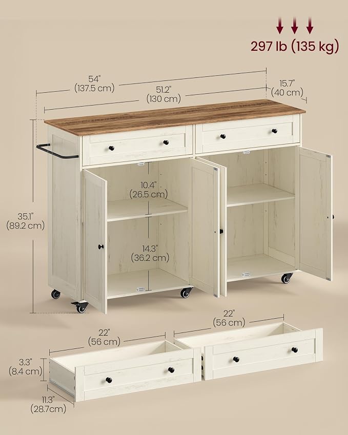 VASAGLE Mobile Kitchen Island, Portable Island on Wheels, Mobile Cart with Storage Cabinet for Dinning Room, 15.8 x 53.7 x 35.1 Inches, Rustic White and Honey Brown UKKI016WJ01S