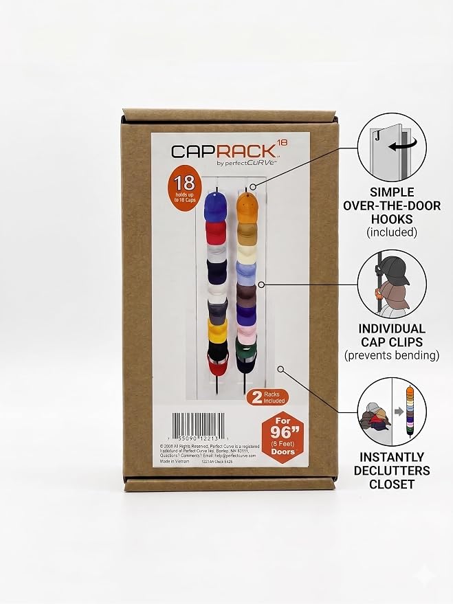 FOR 8-FEET DOORS ONLY! Perfect Curve CapRack | Over-The-Door Hat Organizer for Baseball Caps | 2 Straps, Holds 18-36 Adjustable Caps | Black
