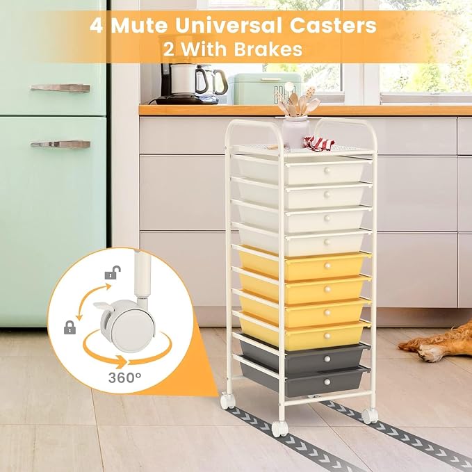 LDAILY 10-Drawer Rolling Storage Cart, Rolling Storage Cart, Storage Organizer on Wheels, Metal Frame, Scrapbook Paper Tools, Suitable for Office School, Classroom (Yellow, 10 Drawer)