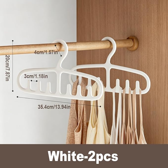 Tank Top Hangers 2 PCS, Space Saving Closet Organizer with 6 Hooks, Durable PP Hangers for Camisoles Bra Scarf, Tie, Belt, Hat, Handbag, White