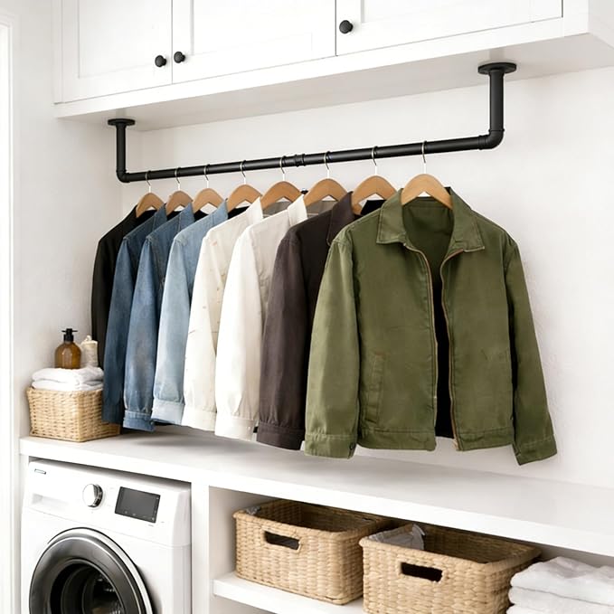 Svyrilk 38.4" Wall Mounted Clothes Rack | Heavy Duty Iron Industrial Pipe Garment Bar, Space-Saving Hanging Rod for Closet, Laundry Room, Bedroom, Black
