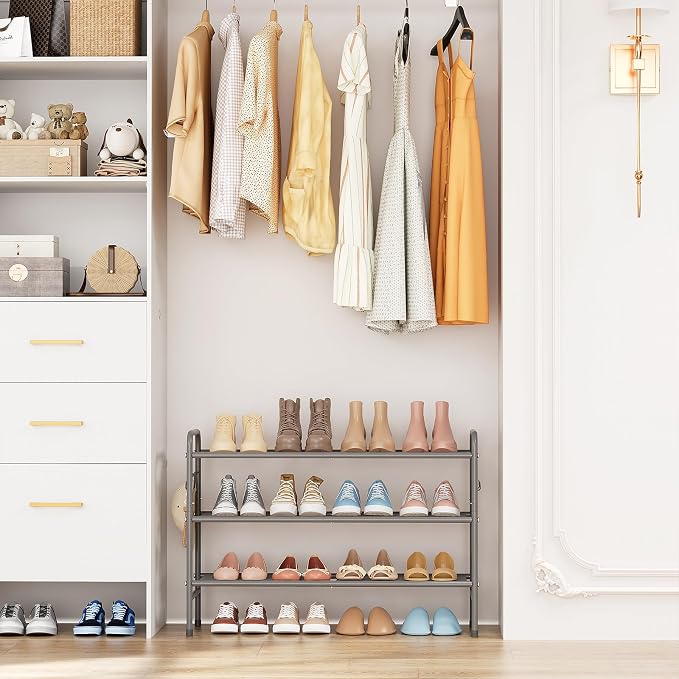 VILICK 3 Tier Shoe Rack 33" Wide Metal Shoe Organizer Long Shoe Storage with 4 Side Hooks Sturdy Shoes Shelf for Front Door Entrance, Closet, Garage, Dorm, Grey