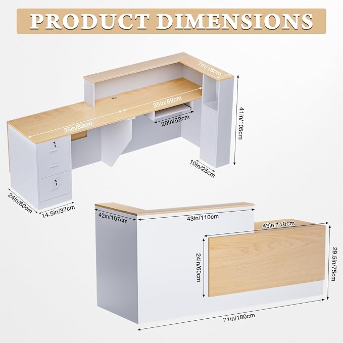 Ceridwen L-Shaped Large Wooden Reception Desk, Modern Front Desk Reception Counter with Lockable Drawers, Storage & Keyboard Tray for Office Lobby Checkout (Right-Oak & White, 71''L x 34''W x 41''H)
