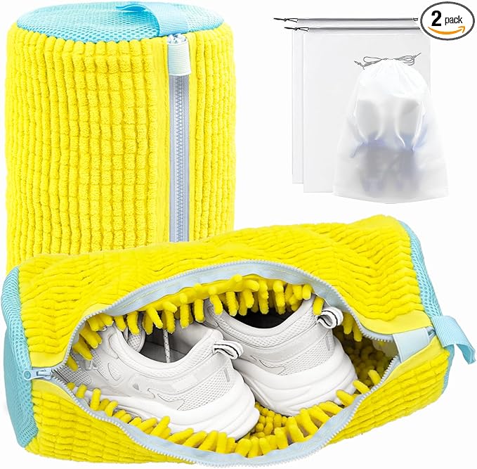Shoe Washing Machine Bag,Laundry Shoe Bag for Washer and Dryer,Reusable Shoe Cleaning Bag for Sneakers,Tennis Shoes,With Self-locking Zipper, Microfiber Inside,Include Shoe Bag (Pro Yellow - 2 Pack)