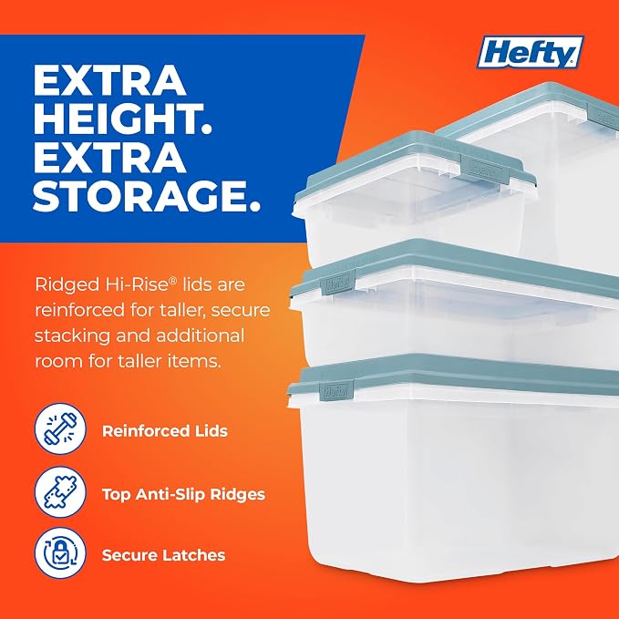 Hefty 6 Pack 32 Quart Lift Off Stackable Plastic Storage Bin and Lid, Smoke Blue