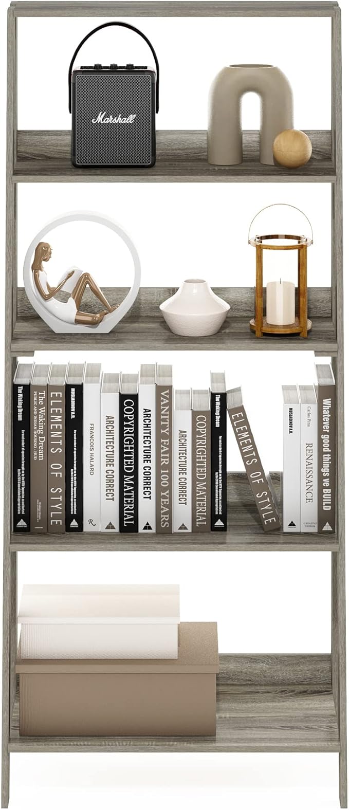 Furinno Ladder Book Shelf, 5-Tier Ladder Shelf, Bookshelf, Display Storage Shelves, 13 x 23.6 x 53.5, for Living Room, Home Office, Grey Oak