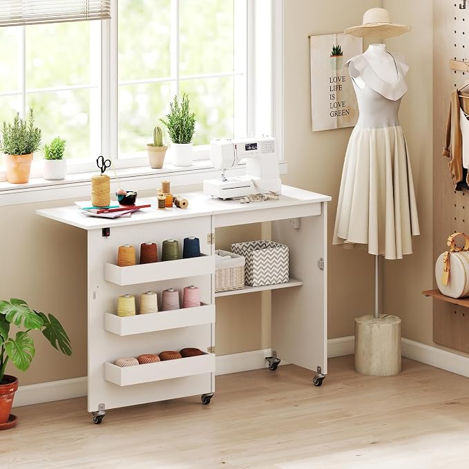 Giantex Folding Sewing Table with Charging Station, Storage Trays & Shelf | Rolling Craft Table with Lockable Wheels, Foldable Sewing Machine Cabinet Desk for Small Spaces, Dorms, White