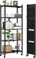 DEANIC 5-Shelf Folding Bookcase with Wheels, Rolling Bookshelf Heavy Duty Storage Shelves, Freestanding Metal Wire Shelving Unit for Living Room, Office, Kitchen, Basement, Pantry (Black)