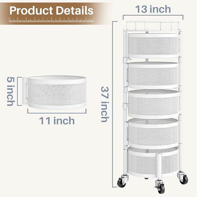 Rolling Drawer Storage Cart with 360° Rotating Open-Drawer Design, 5-Tier Metal Utility Cart with Round Storage Drawer for Kitchen, Bathroom, Laundry Room (White)